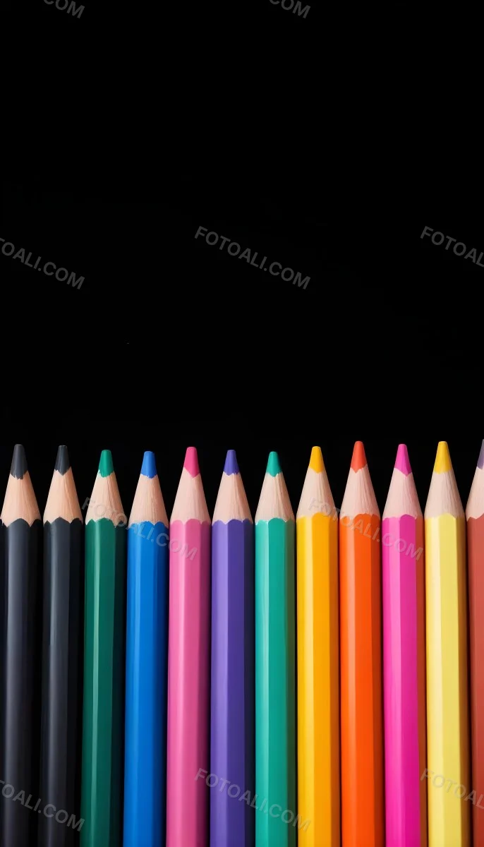 A Row Of Colored Pencils Arranged Neatly On A Black Background The Pencils Display A Variety Of Vibrant Colors Including Red Green Blue Purple Orange And Pink With Their Sharpened Tips Facing Upwards 14 9ea8