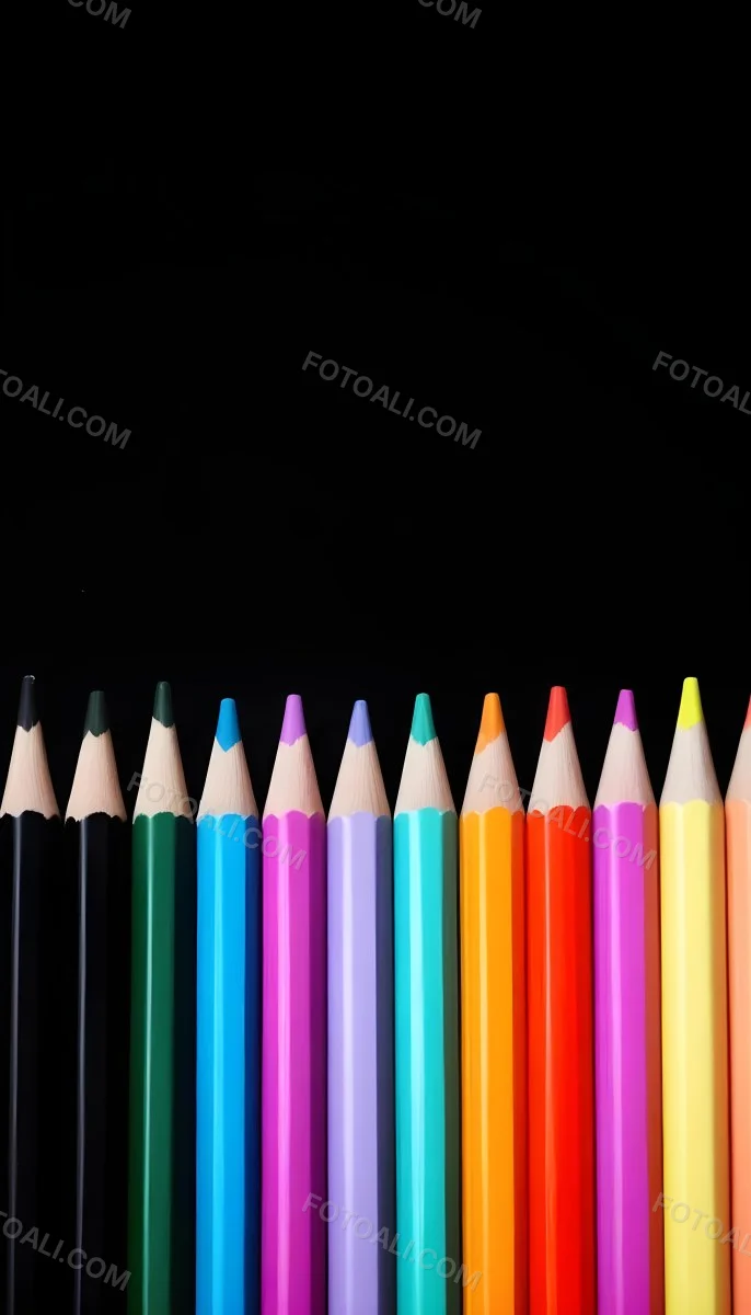 A Row Of Colored Pencils Arranged Neatly On A Black Background The Pencils Display A Variety Of Vibrant Colors Including Red Green Blue Purple Orange And Pink With Their Sharpened Tips Facing Upwards 16 B24e
