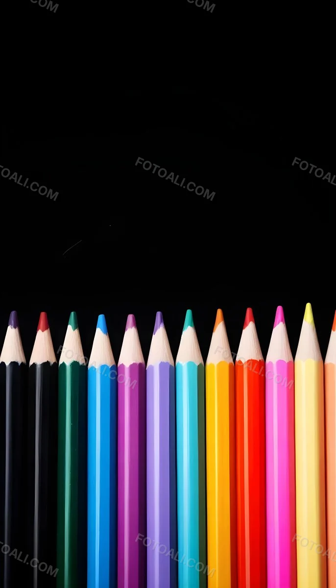 A Row Of Colored Pencils Arranged Neatly On A Black Background The Pencils Display A Variety Of Vibrant Colors Including Red Green Blue Purple Orange And Pink With Their Sharpened Tips Facing Upwards 19 83d4