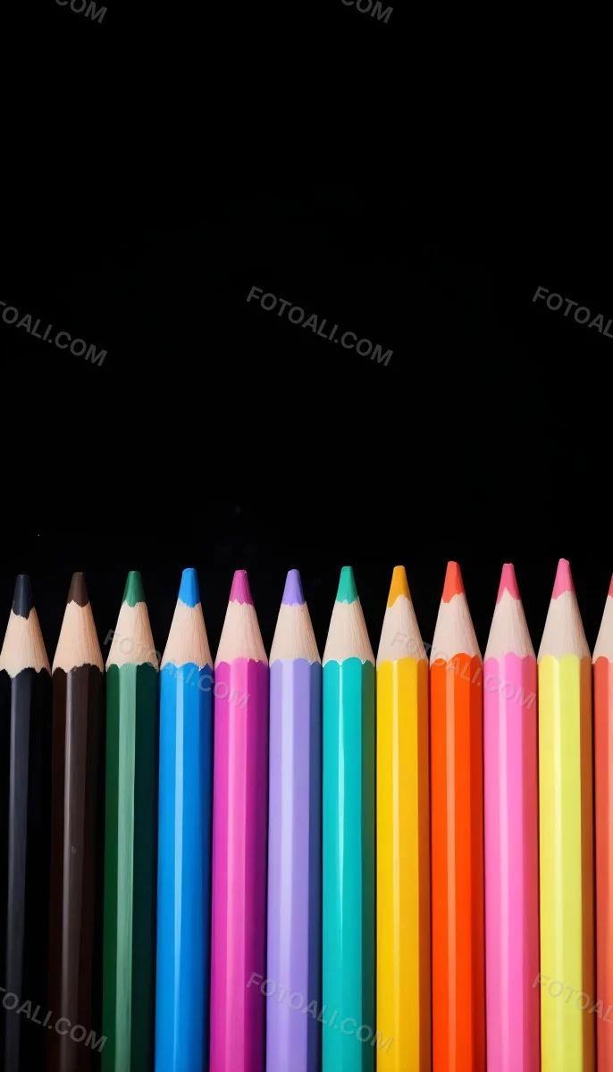 A Row Of Colored Pencils Arranged Neatly On A Black Background The Pencils Display A Variety Of Vibrant Colors Including Red Green Blue Purple Orange And Pink With Their Sharpened Tips Facing Upwards 22 F1c1