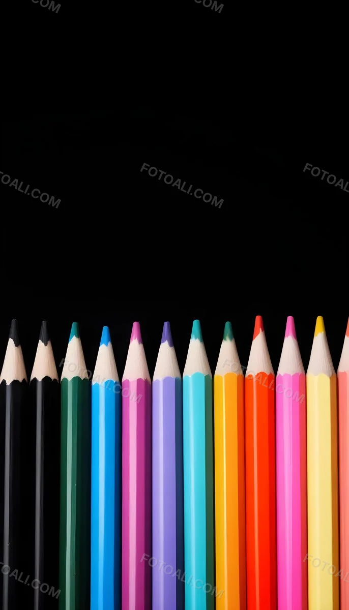 A Row Of Colored Pencils Arranged Neatly On A Black Background The Pencils Display A Variety Of Vibrant Colors Including Red Green Blue Purple Orange And Pink With Their Sharpened Tips Facing Upwards 4 A932