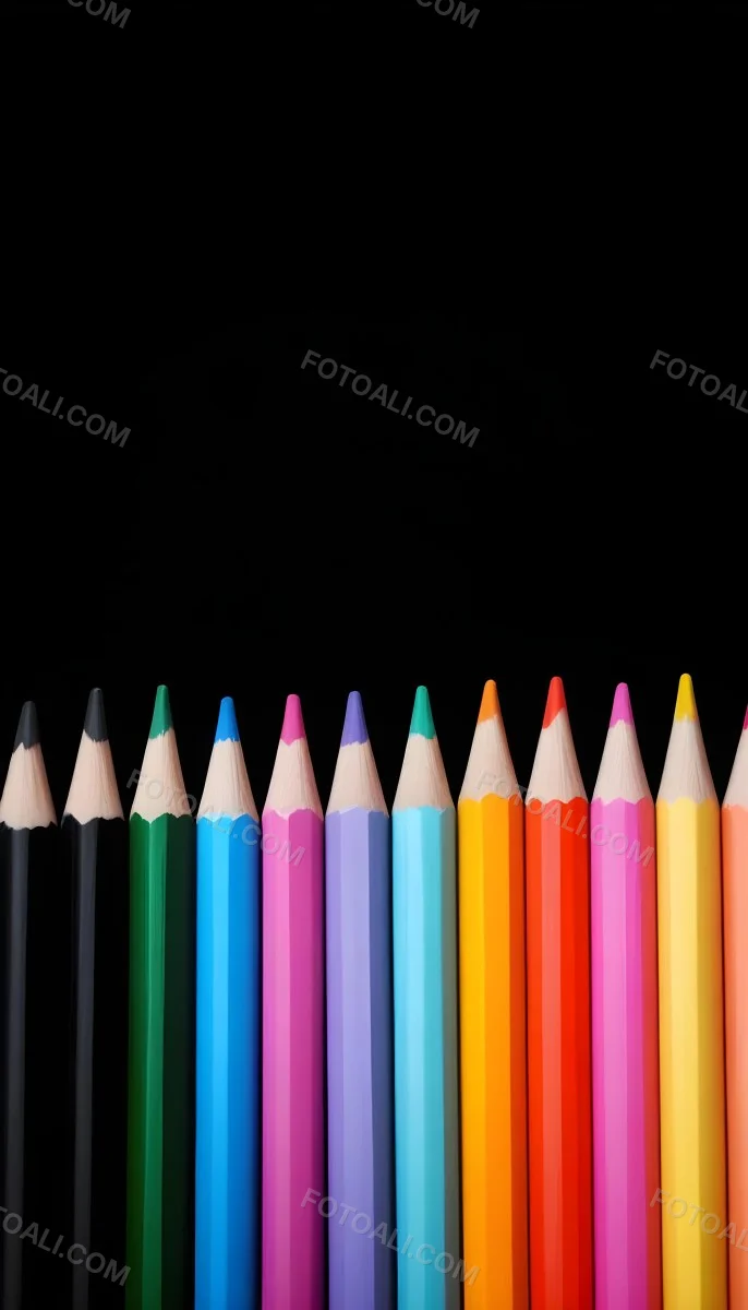 A Row Of Colored Pencils Arranged Neatly On A Black Background The Pencils Display A Variety Of Vibrant Colors Including Red Green Blue Purple Orange And Pink With Their Sharpened Tips Facing Upwards 5 2601