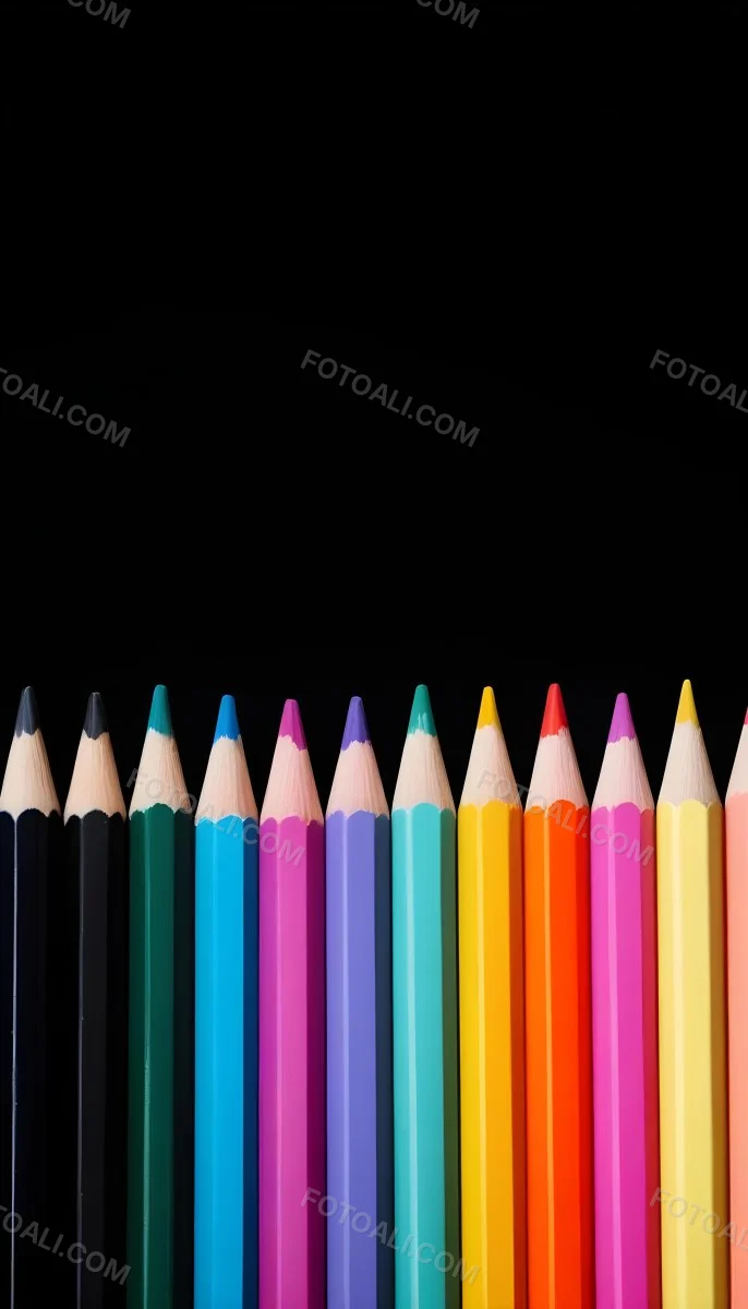 A Row Of Colored Pencils Arranged Neatly On A Black Background The Pencils Display A Variety Of Vibrant Colors Including Red Green Blue Purple Orange And Pink With Their Sharpened Tips Facing Upwards 6 Cc86