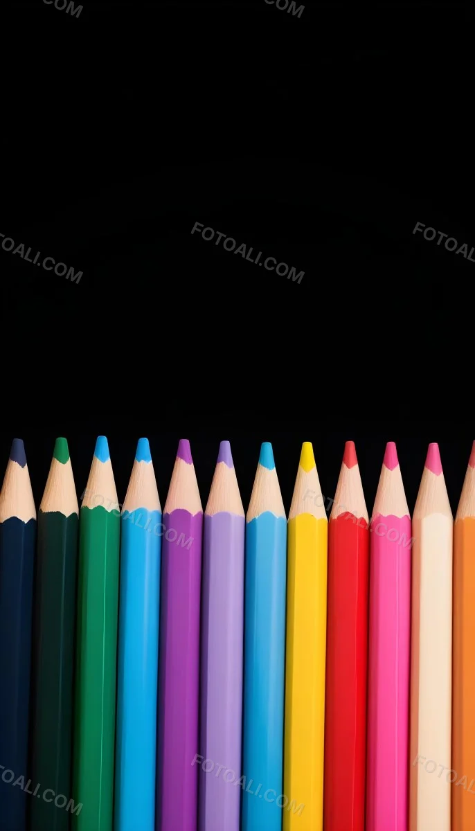 A Row Of Colored Pencils Arranged Neatly On A Black Background The Pencils Display A Variety Of Vibrant Colors Including Red Green Blue Purple Orange And Pink With Their Sharpened Tips Facing Upwards 8 2f68