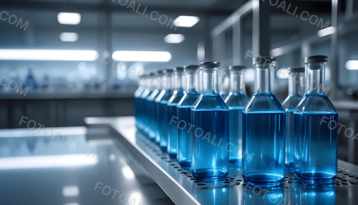 A Row Of Glass Bottles Filled With Blue Liquid On A Metal Surface In A Laboratory With Bright Lights And Blurred Background 14 5911