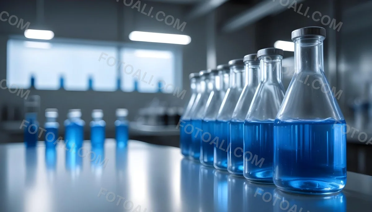 A Row Of Glass Bottles Filled With Blue Liquid On A Metal Surface In A Laboratory With Bright Lights And Blurred Background 17 5e98