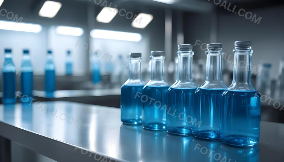 A Row Of Glass Bottles Filled With Blue Liquid On A Metal Surface In A Laboratory With Bright Lights And Blurred Background 20 3361