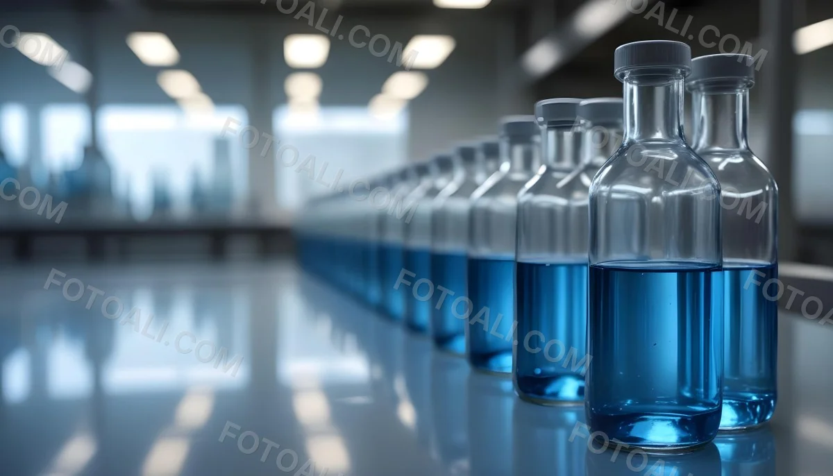 A Row Of Glass Bottles Filled With Blue Liquid On A Metal Surface In A Laboratory With Bright Lights And Blurred Background 21 E144
