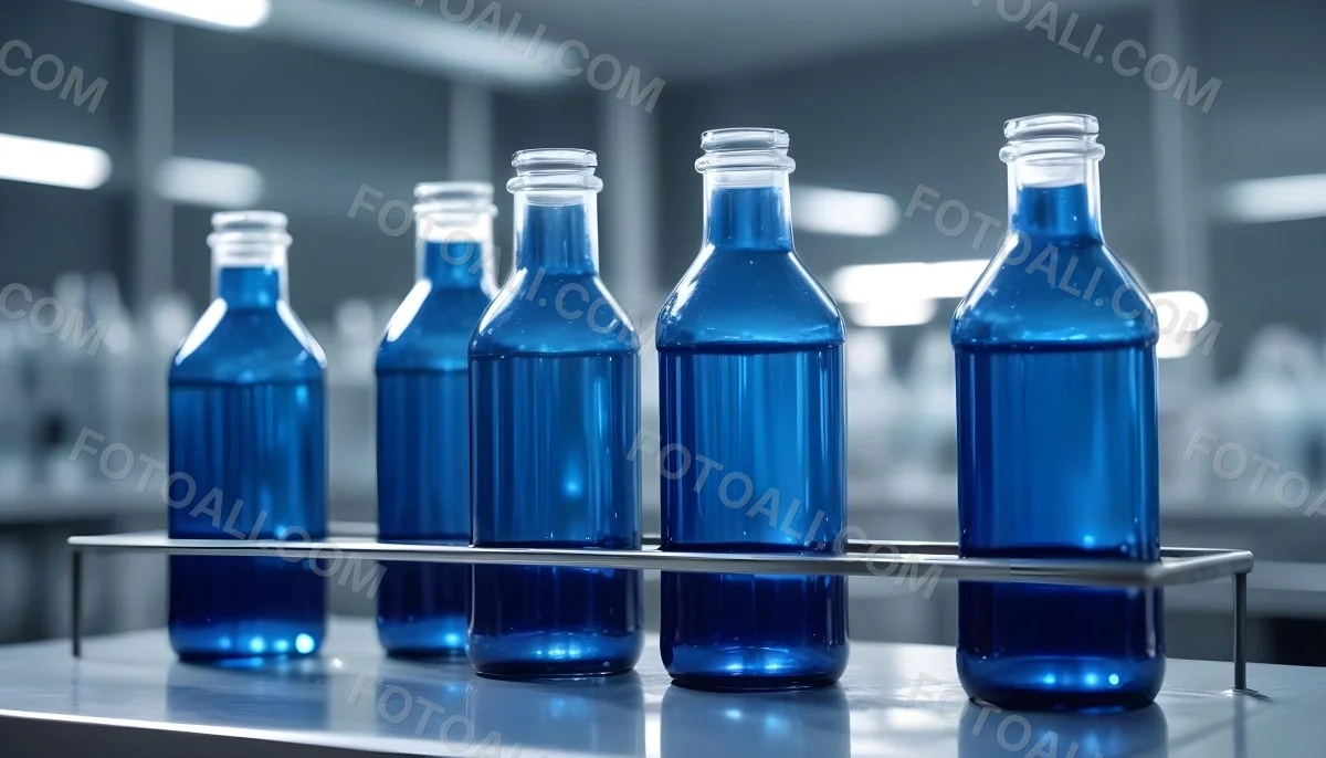 A Row Of Glass Bottles Filled With Blue Liquid On A Metal Surface In A Laboratory With Bright Lights And Blurred Background 24 6860
