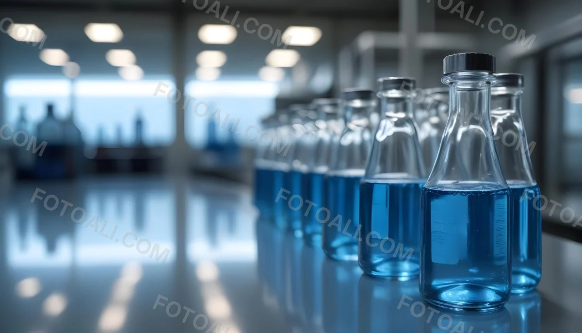 A Row Of Glass Bottles Filled With Blue Liquid On A Metal Surface In A Laboratory With Bright Lights And Blurred Background 25 Ff43