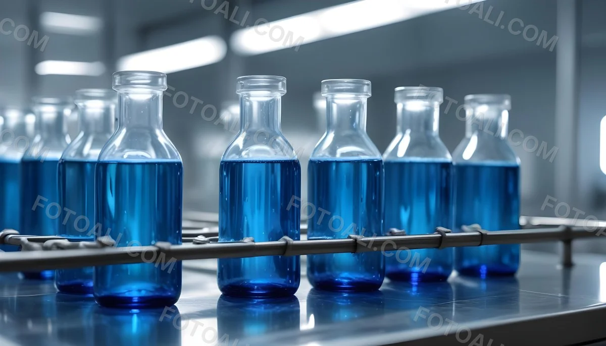 A Row Of Glass Bottles Filled With Blue Liquid On A Metal Surface In A Laboratory With Bright Lights And Blurred Background 31 61cf