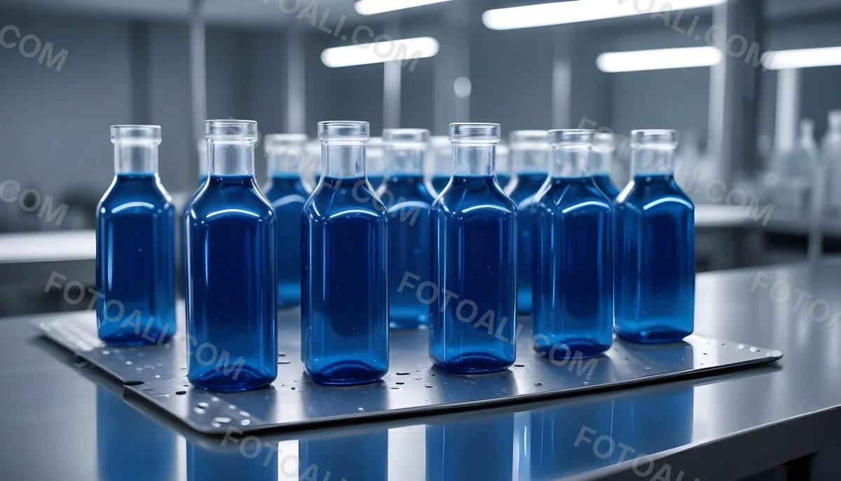 A Row Of Glass Bottles Filled With Blue Liquid On A Metal Surface In A Laboratory With Bright Lights And Blurred Background 33 B7ce