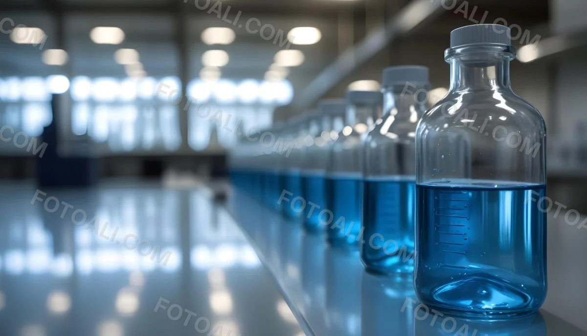 A Row Of Glass Bottles Filled With Blue Liquid On A Metal Surface In A Laboratory With Bright Lights And Blurred Background 35 A668