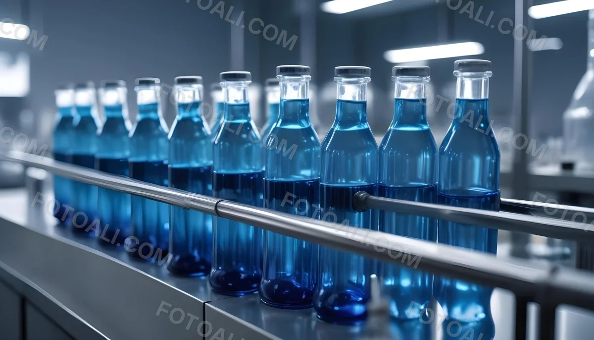A Row Of Glass Bottles Filled With Blue Liquid On A Metal Surface In A Laboratory With Bright Lights And Blurred Background 36 3ac1