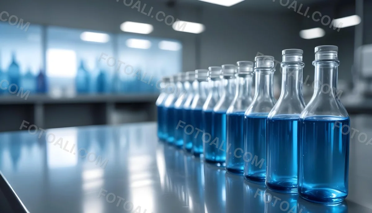 A Row Of Glass Bottles Filled With Blue Liquid On A Metal Surface In A Laboratory With Bright Lights And Blurred Background 4 30ac