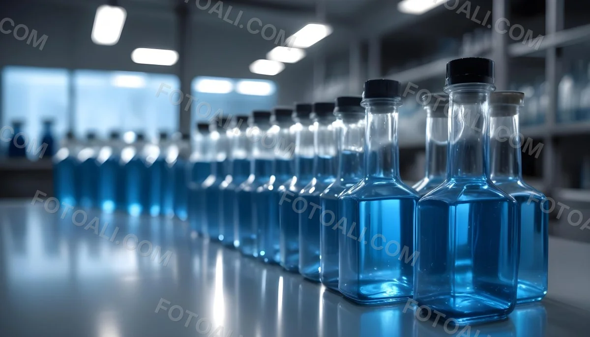 A Row Of Glass Bottles Filled With Blue Liquid On A Metal Surface In A Laboratory With Bright Lights And Blurred Background 5 6d0a