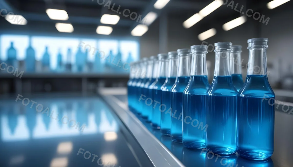 A Row Of Glass Bottles Filled With Blue Liquid On A Metal Surface In A Laboratory With Bright Lights And Blurred Background 6 01a3