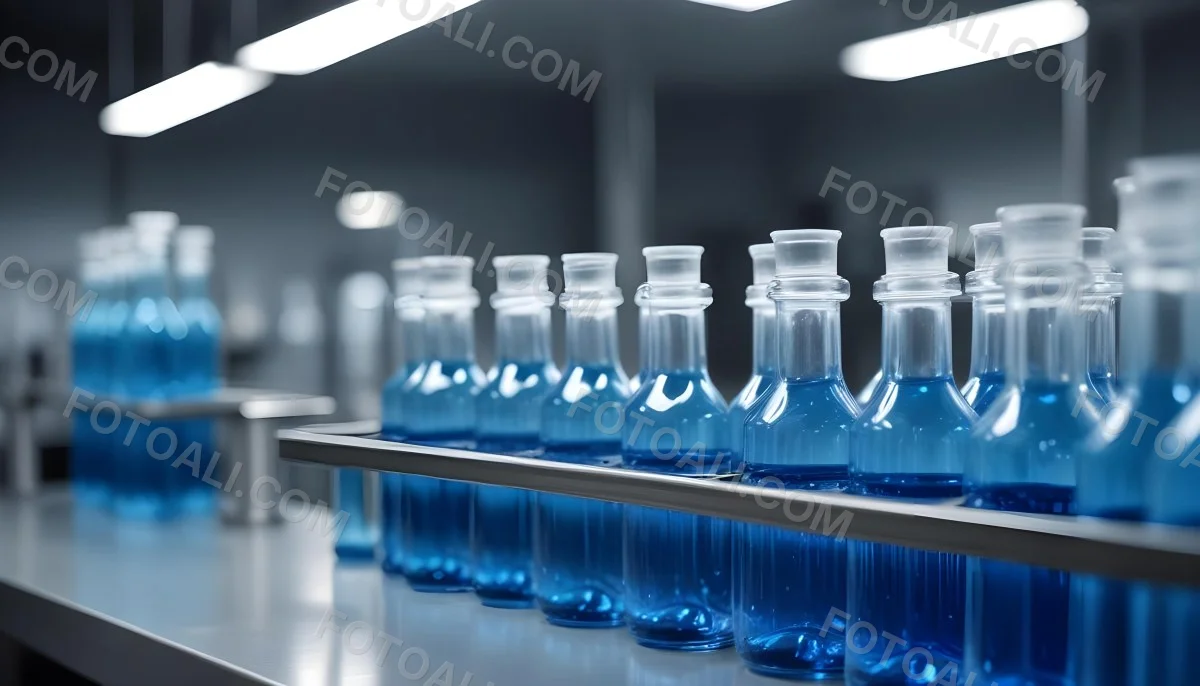 A Row Of Glass Bottles Filled With Blue Liquid On A Metal Surface In A Laboratory With Bright Lights And Blurred Background 9 Dc98