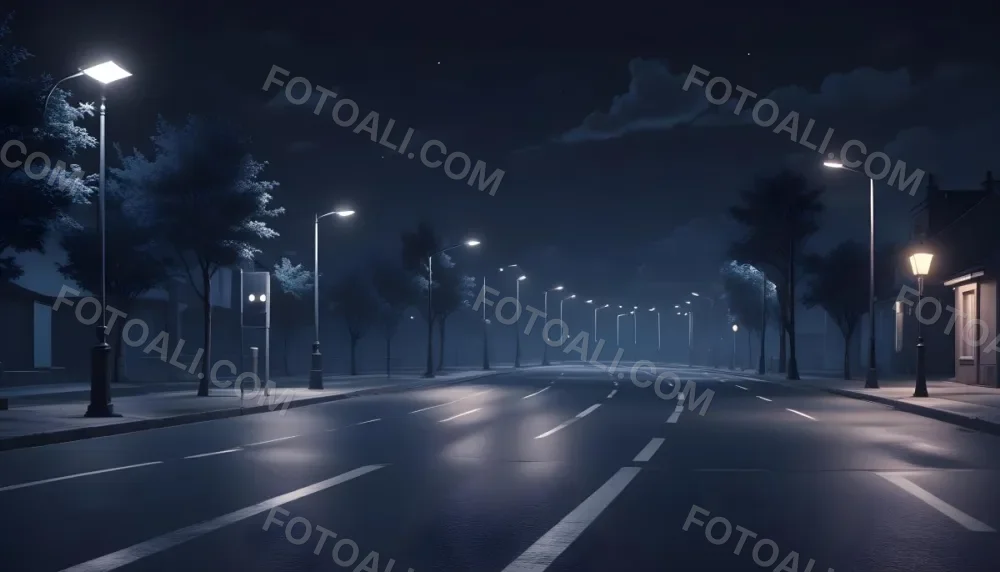 A Row Of Street Lights Illuminating A Street At Night The Sky Is Dark Blue The Road Is Empty And The Scene Is Quiet 13 Eb87