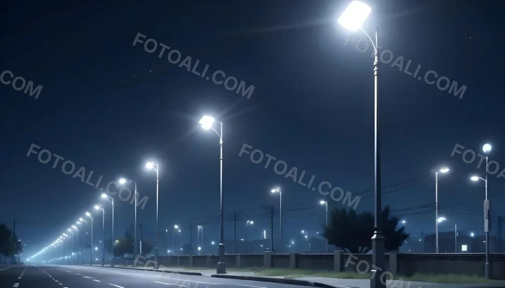 A Row Of Street Lights Illuminating A Street At Night The Sky Is Dark Blue The Road Is Empty And The Scene Is Quiet 14 B410