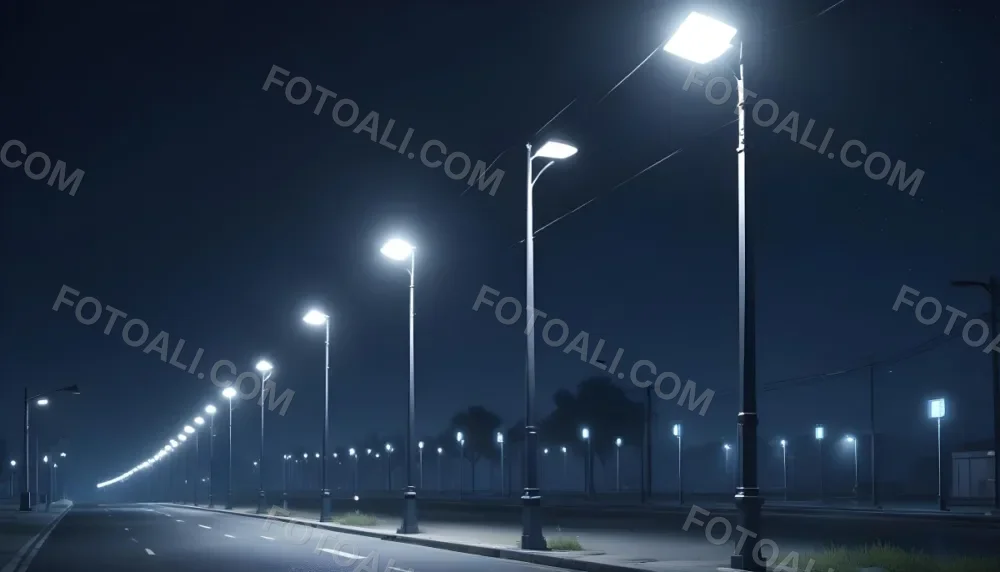 A Row Of Street Lights Illuminating A Street At Night The Sky Is Dark Blue The Road Is Empty And The Scene Is Quiet 16 22a1