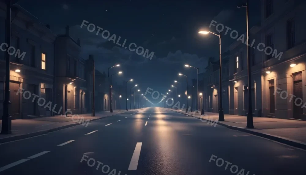 A Row Of Street Lights Illuminating A Street At Night The Sky Is Dark Blue The Road Is Empty And The Scene Is Quiet 17 D1a6