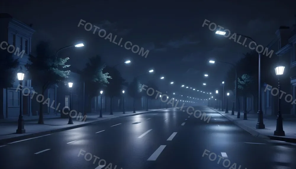 A Row Of Street Lights Illuminating A Street At Night The Sky Is Dark Blue The Road Is Empty And The Scene Is Quiet 18 8350