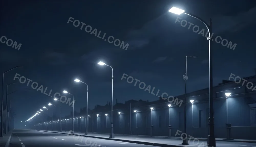 A Row Of Street Lights Illuminating A Street At Night The Sky Is Dark Blue The Road Is Empty And The Scene Is Quiet 19 43a3