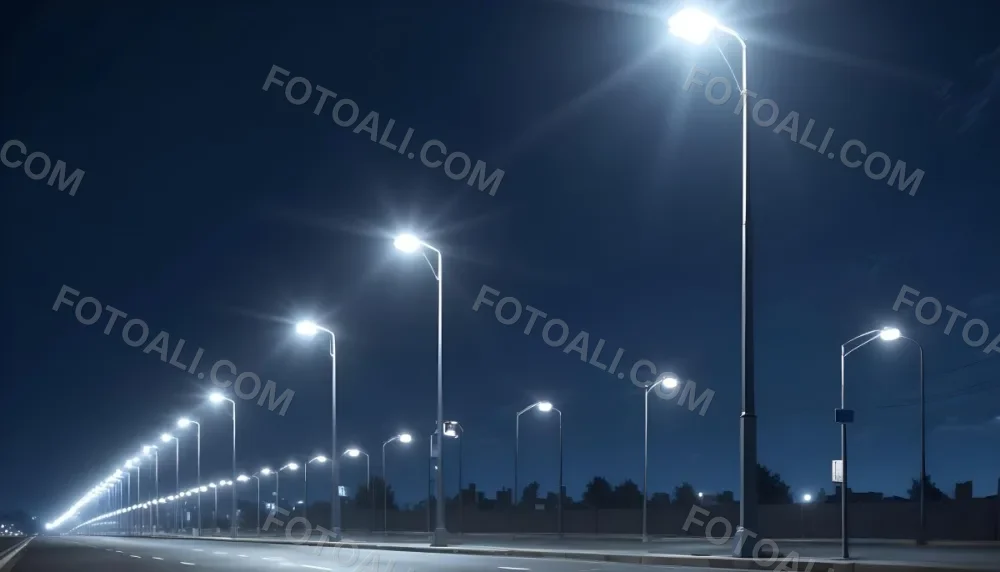 A Row Of Street Lights Illuminating A Street At Night The Sky Is Dark Blue The Road Is Empty And The Scene Is Quiet 2 10ae