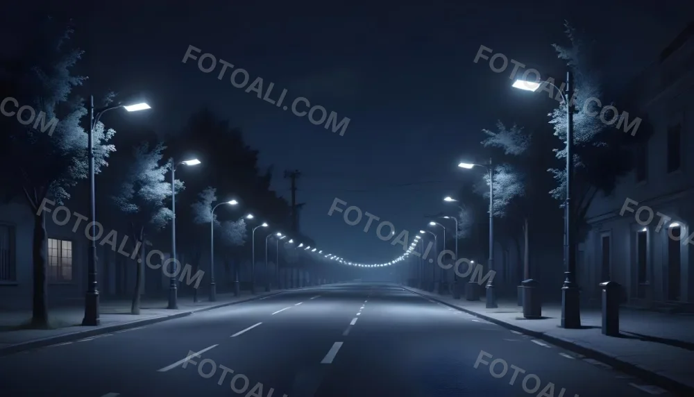 A Row Of Street Lights Illuminating A Street At Night The Sky Is Dark Blue The Road Is Empty And The Scene Is Quiet 22 8e06