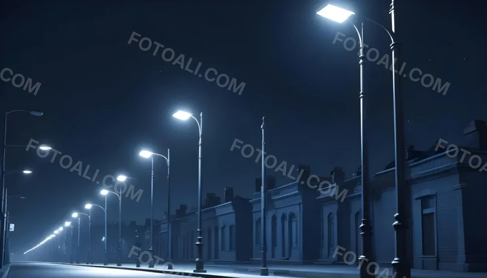 A Row Of Street Lights Illuminating A Street At Night The Sky Is Dark Blue The Road Is Empty And The Scene Is Quiet 23 5692