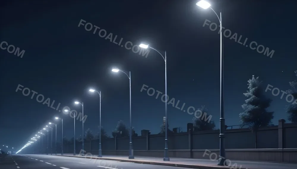 A Row Of Street Lights Illuminating A Street At Night The Sky Is Dark Blue The Road Is Empty And The Scene Is Quiet 24 5bea