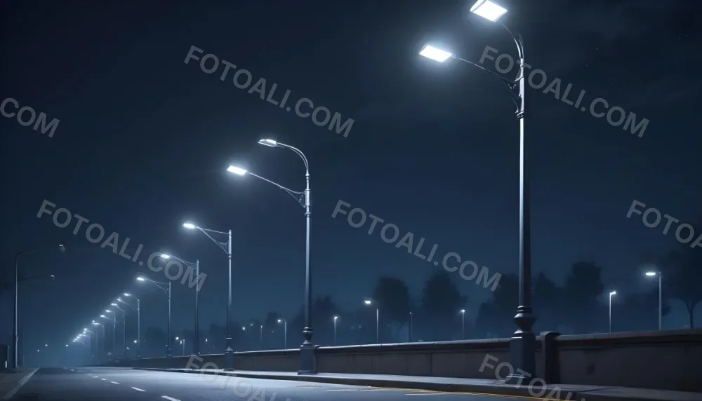 A Row Of Street Lights Illuminating A Street At Night The Sky Is Dark Blue The Road Is Empty And The Scene Is Quiet 26 0a58