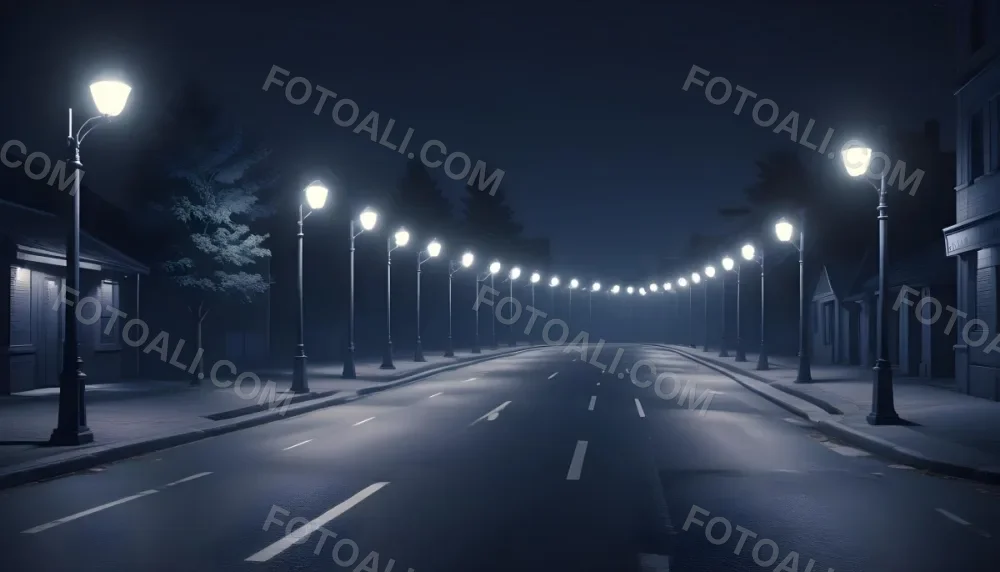 A Row Of Street Lights Illuminating A Street At Night The Sky Is Dark Blue The Road Is Empty And The Scene Is Quiet 27 289b