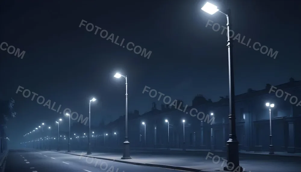 A Row Of Street Lights Illuminating A Street At Night The Sky Is Dark Blue The Road Is Empty And The Scene Is Quiet 28 Db7f