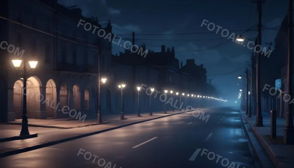 A Row Of Street Lights Illuminating A Street At Night The Sky Is Dark Blue The Road Is Empty And The Scene Is Quiet 29 8d21