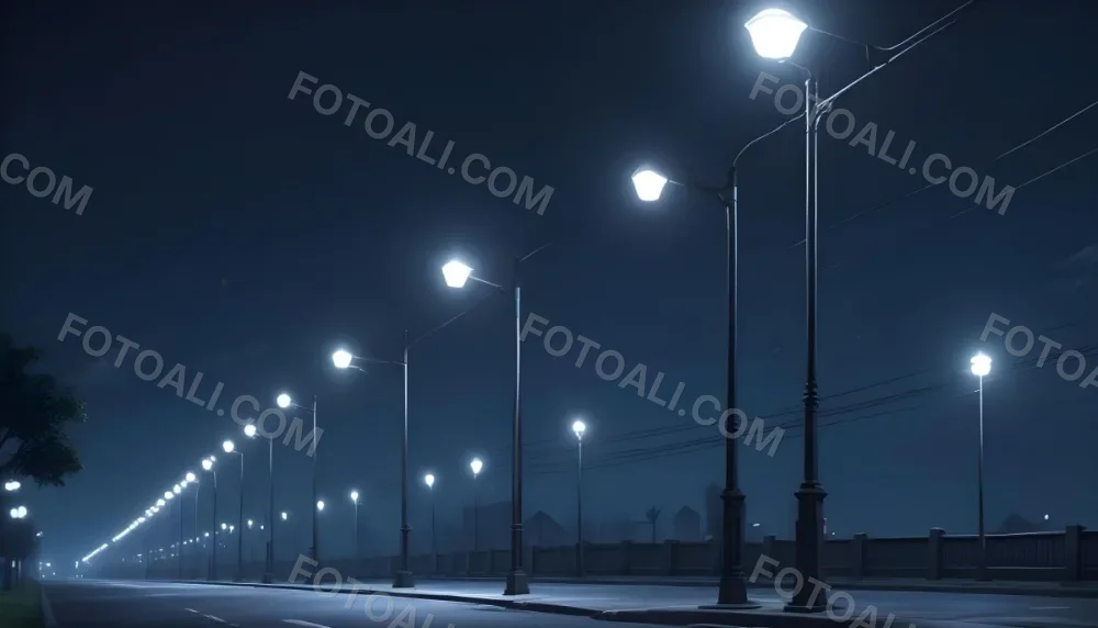 A Row Of Street Lights Illuminating A Street At Night The Sky Is Dark Blue The Road Is Empty And The Scene Is Quiet 3 2921