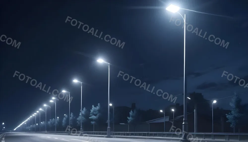 A Row Of Street Lights Illuminating A Street At Night The Sky Is Dark Blue The Road Is Empty And The Scene Is Quiet 30 9e83