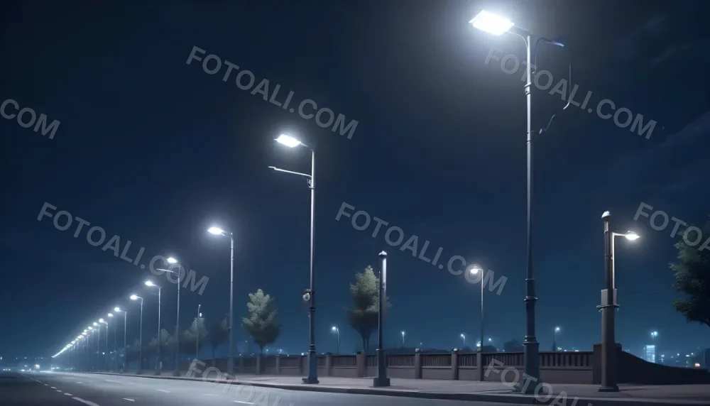 A Row Of Street Lights Illuminating A Street At Night The Sky Is Dark Blue The Road Is Empty And The Scene Is Quiet 31 C46e