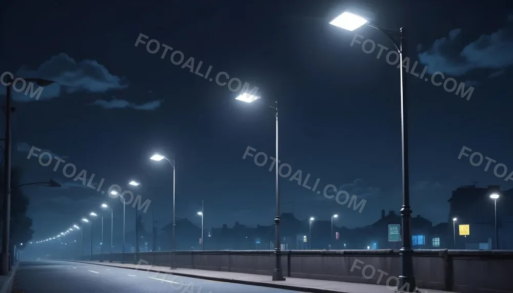 A Row Of Street Lights Illuminating A Street At Night The Sky Is Dark Blue The Road Is Empty And The Scene Is Quiet 32 8e63