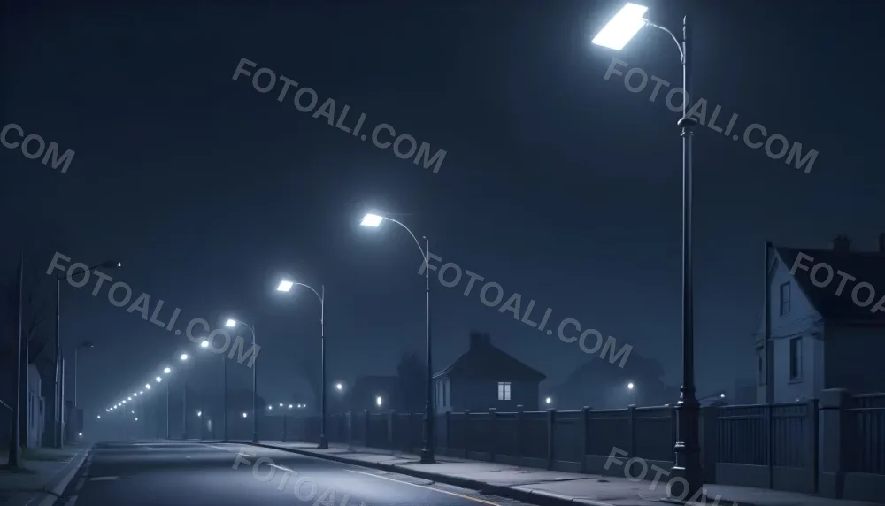 A Row Of Street Lights Illuminating A Street At Night The Sky Is Dark Blue The Road Is Empty And The Scene Is Quiet 5 E905