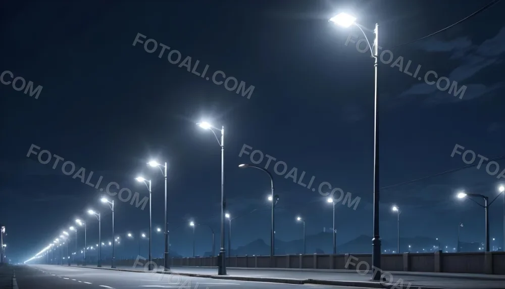 A Row Of Street Lights Illuminating A Street At Night The Sky Is Dark Blue The Road Is Empty And The Scene Is Quiet 6 Dcc0