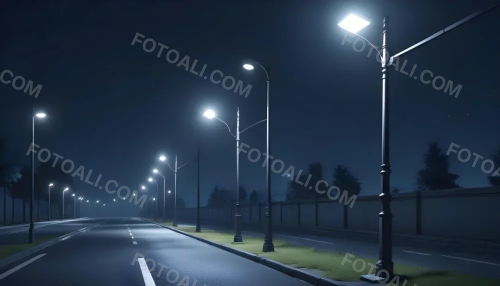 A Row Of Street Lights Illuminating A Street At Night The Sky Is Dark Blue The Road Is Empty And The Scene Is Quiet 8 A533