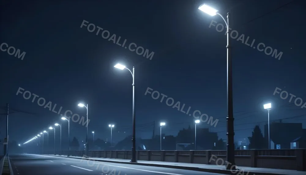 A Row Of Street Lights Illuminating A Street At Night The Sky Is Dark Blue The Road Is Empty And The Scene Is Quiet 9 B81a