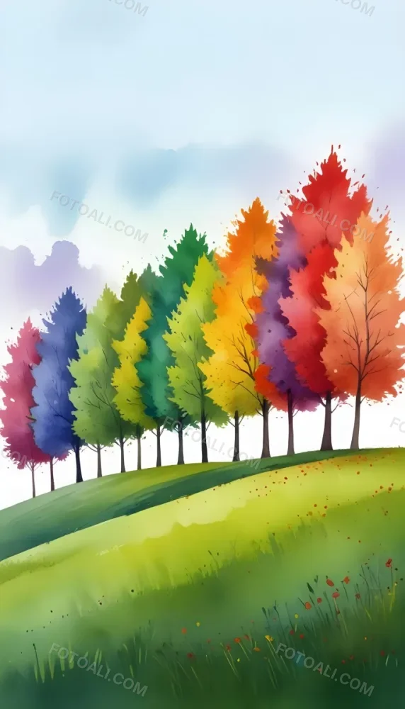 A Row Of Trees With Different Colored Leaves Blue Green Yellow And Red On A Green Grass Hill Clear Purple Sky 11 E9d9