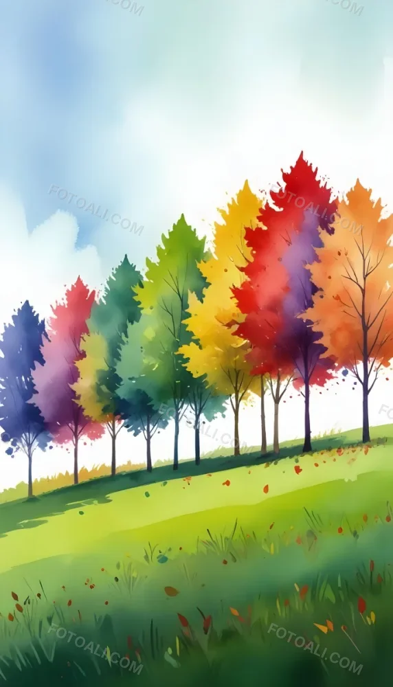 A Row Of Trees With Different Colored Leaves Blue Green Yellow And Red On A Green Grass Hill Clear Purple Sky 16 3534