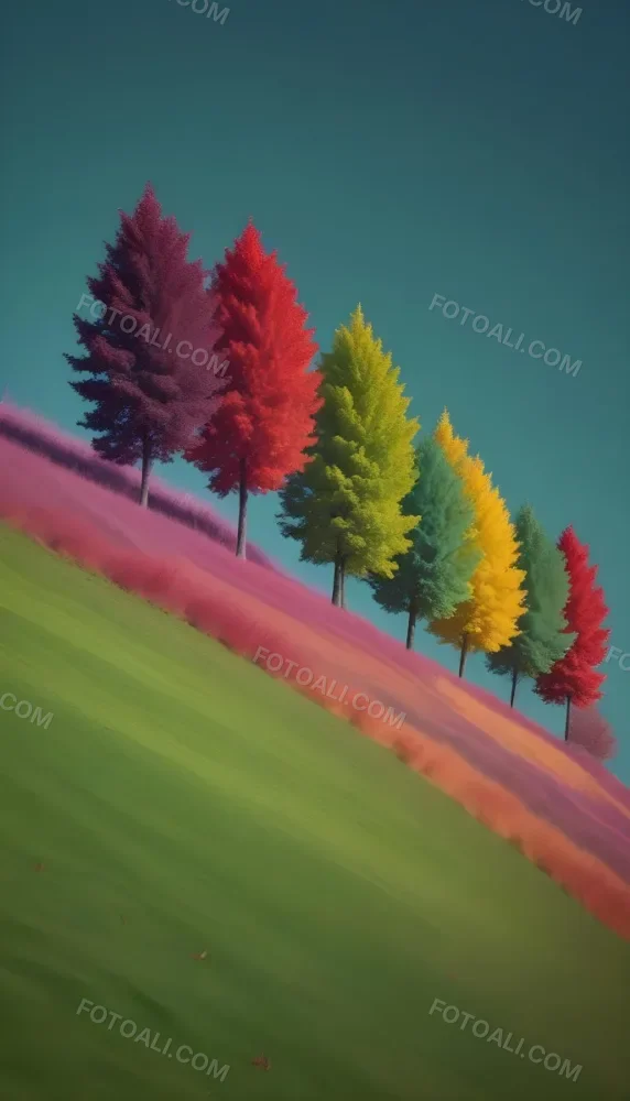 A Row Of Trees With Different Colored Leaves Blue Green Yellow And Red On A Green Grass Hill Clear Purple Sky 23 F01c