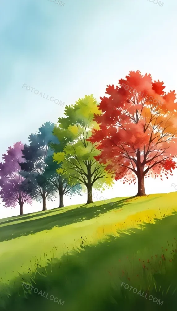 A Row Of Trees With Different Colored Leaves Blue Green Yellow And Red On A Green Grass Hill Clear Purple Sky 3 9fb5