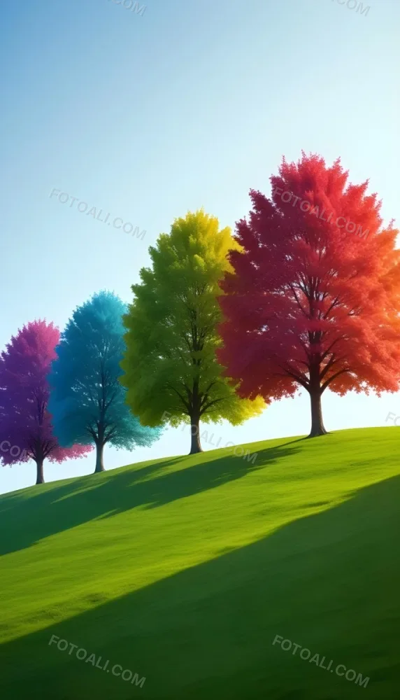 A Row Of Trees With Different Colored Leaves Blue Green Yellow And Red On A Green Grass Hill Clear Purple Sky 31 34e5