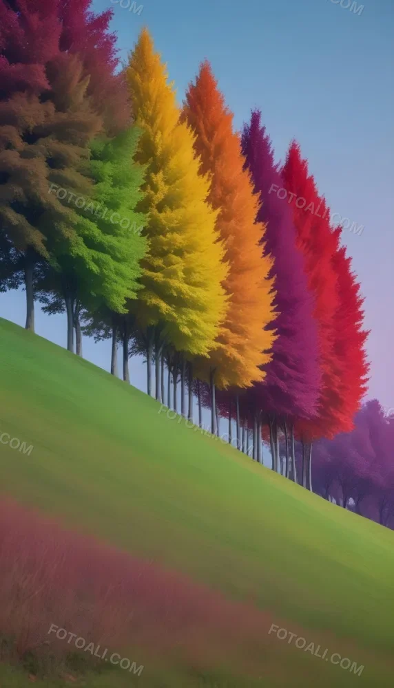 A Row Of Trees With Different Colored Leaves Blue Green Yellow And Red On A Green Grass Hill Clear Purple Sky 32 29f5